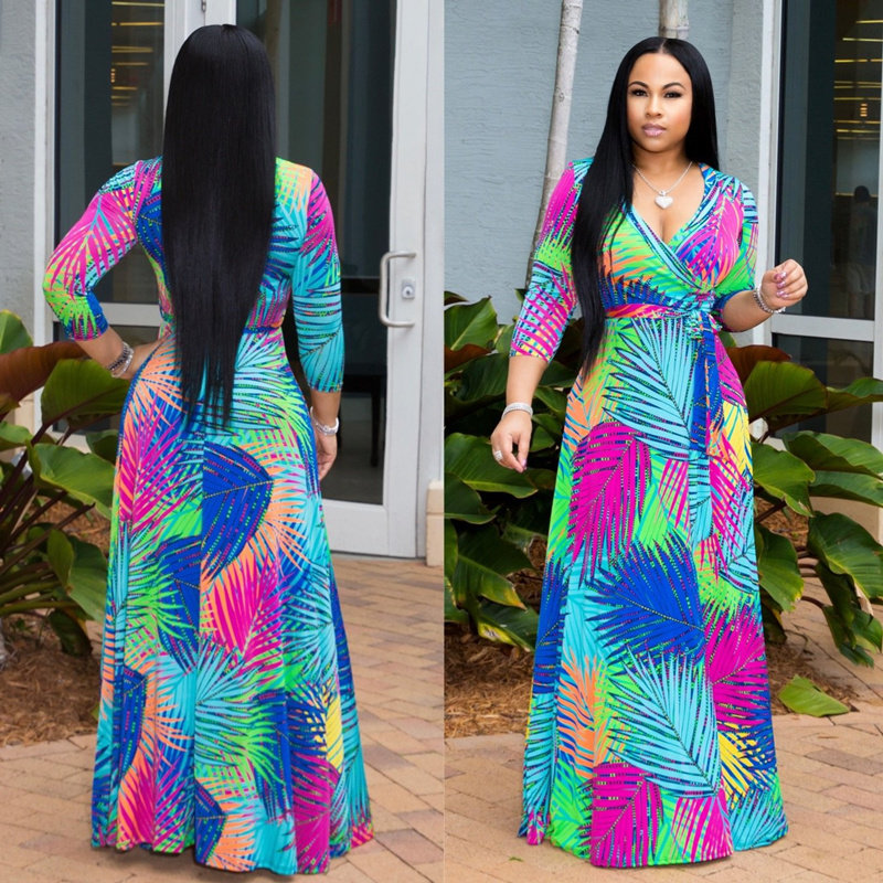 Summer Sexy V Neck Green Palm Leaf Print Holiday Maxi Dress m8408