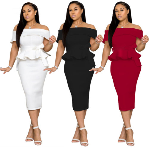 Sexy off shoulder ruffle women office dress M8402