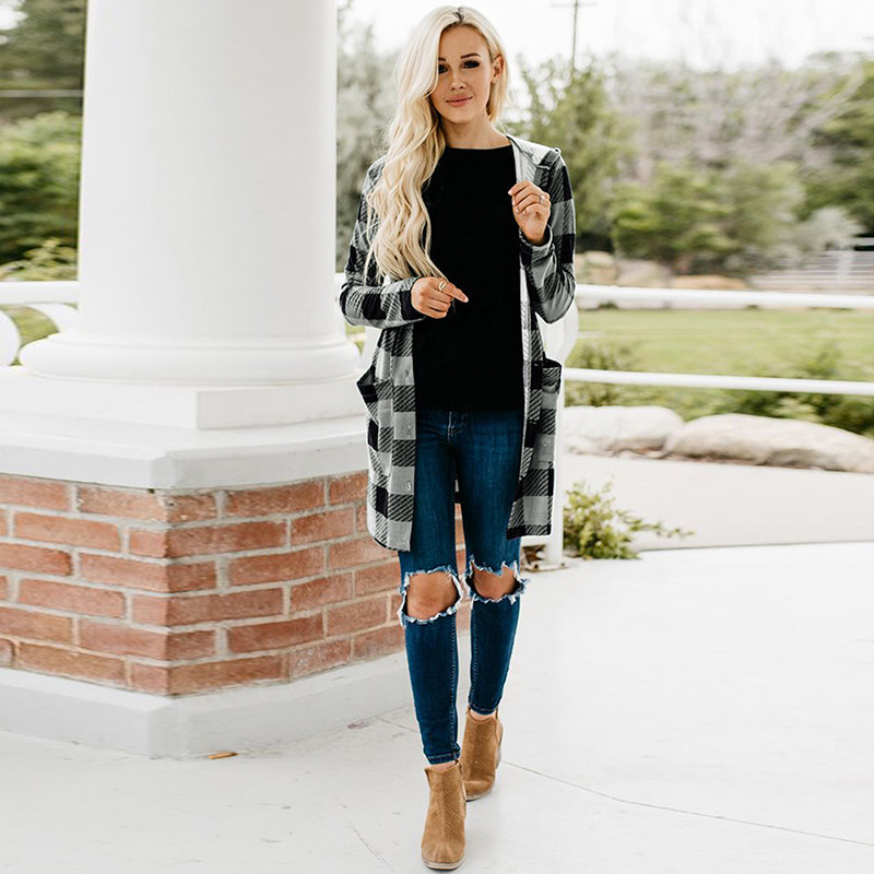 Shirt With Long Sleeve Single Breasted Plaid Flannel Women Midi Coats LQ172