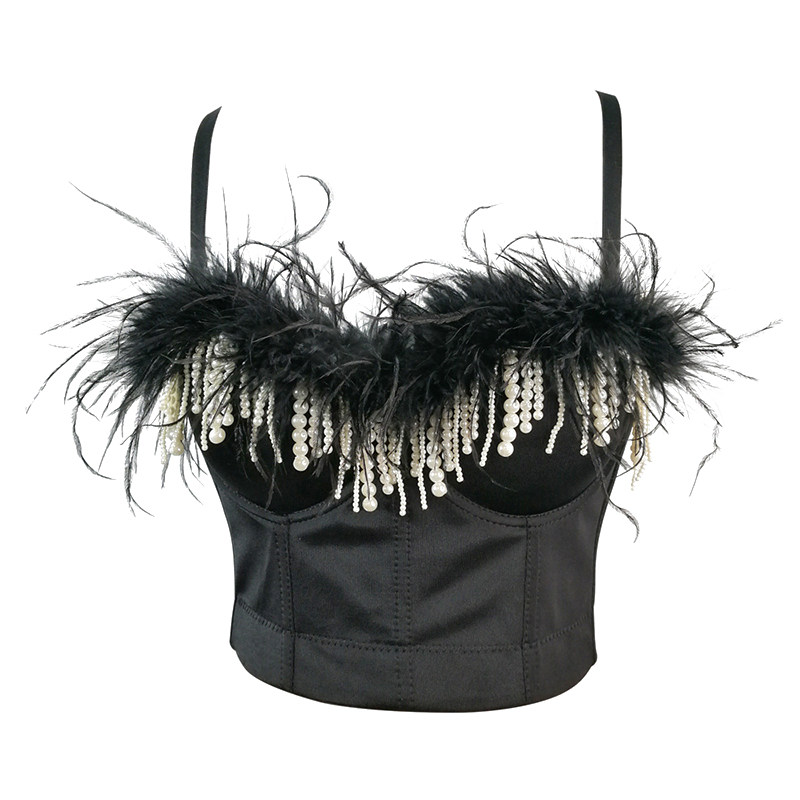 Feather Short Crop Sexy Nailed Beaded Tassel Breast Shaper Stage Top KN8130