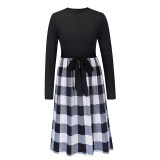 Leopard Print Plaid Long Stitching Body Lace Up Ladies Evening Jersey Dress LQ169