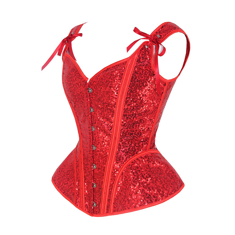 Women Red Sexy Sequin Overbust Corset Tops with Shoulder Straps WK2382