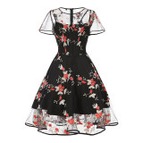 Mesh Patchwork Flying Sleeve Style Swing Mid Length Vintage Dress 5061