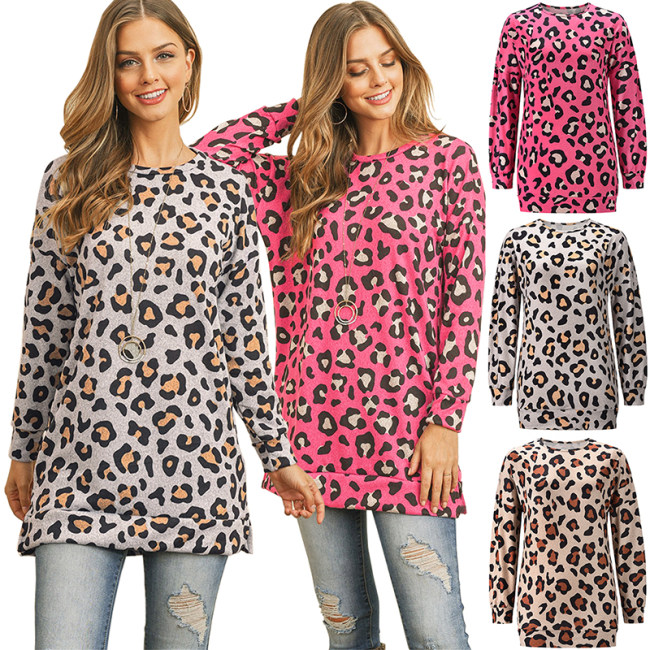 Round Neck T-Shirt Slim Long Casual Leopard Print Bottoming LQ082