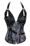white and black Zipper Front leather cup top corset Halter design chain 14 steel boned corset