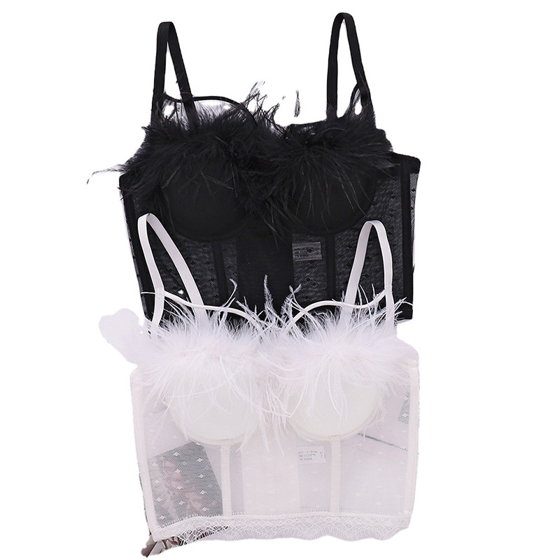 Fashion Lace Mesh Suspender Hollowed Out Vest Sexy Feather Wipe Chest KN8058