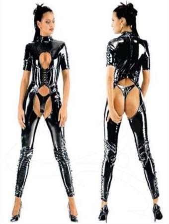 Short-sleeved black leather catsuit m7173