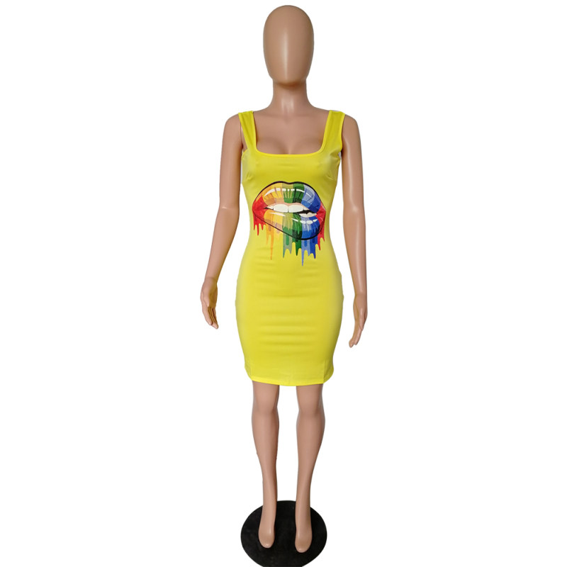Lips Printed T-Shirt Basic Vest Dress m8441