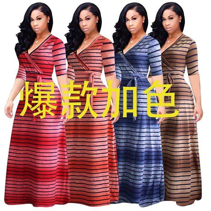 Summer Stripe Printed Swing Maxi Dress Plus Size M8433