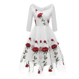 Rose Embroidery Dinner Party Lady Evening Net Yarn Dress Wedding Sexy CD1657