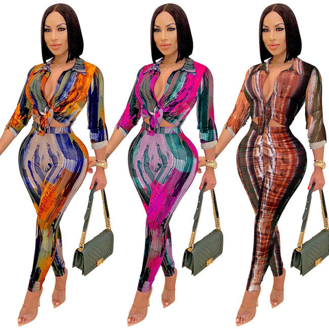 Digital Print Women  V-neck Long Sleeve Pants Casual Two Piece Set X5281