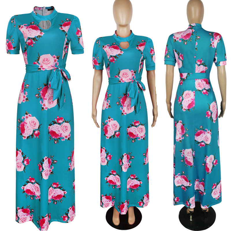 Casual Short Sleeve Long Boho Floral Print Maxi Dress M8410