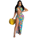 Casual Beach Split Fork Floral Print Backless Maxi Dress M8603