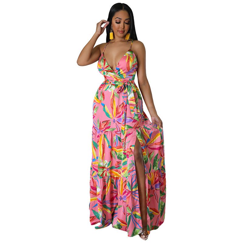 European And American Fashion Women's Print Halter Long Dress 9400