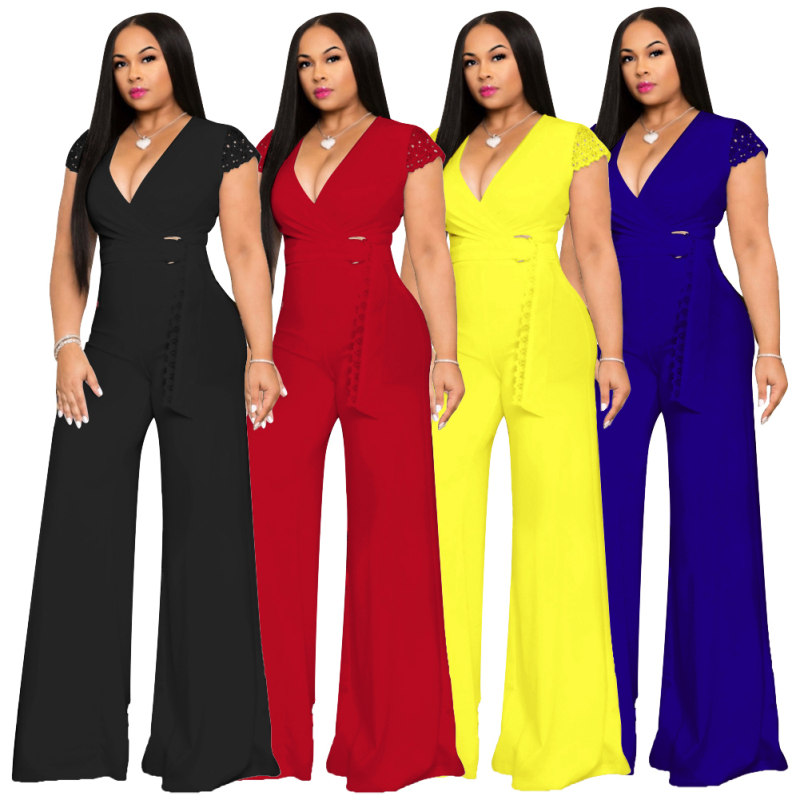 Deep V Neck Casual Solid Wide Leg Jumpsuit m8429