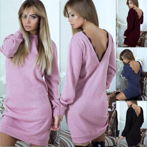 Women Long Sleeve Backless V Neck Lace Patchwork Sweater Dress M30413