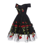 White And Black Mesh Sexy Transparent Rose Elegant Women Evening Print Dresses CD1609
