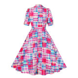 Women Elegant Casual Plaid Printed Vintage Pinup Rockabilly Hepburn Swing Dress M5167