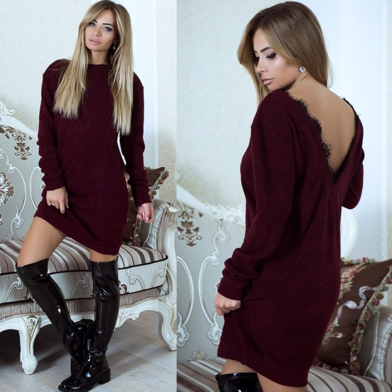 Women Long Sleeve Backless V Neck Lace Patchwork Sweater Dress M30413