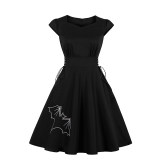 2023 Hepburn Style Embroidery Halloween Big Swing Crew-neck Vintage Dress 1986