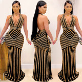 Sexy Deep V Backless Sequin Evening Ironed Drill See Through Long Party Dress X3816