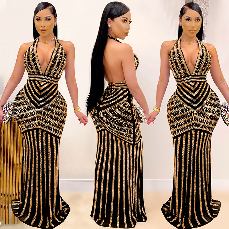 Sexy Deep V Backless Sequin Evening Ironed Drill See Through Long Party Dress X3816