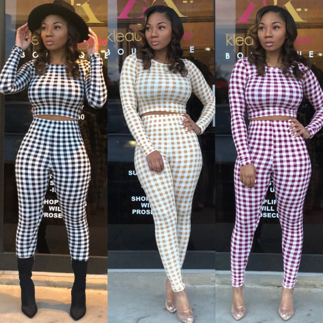 Plaid long sleeve crop top two pieces sets