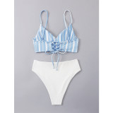 Women Blue White Wtriped Bikini Split Body Strap Swimsuit A2208