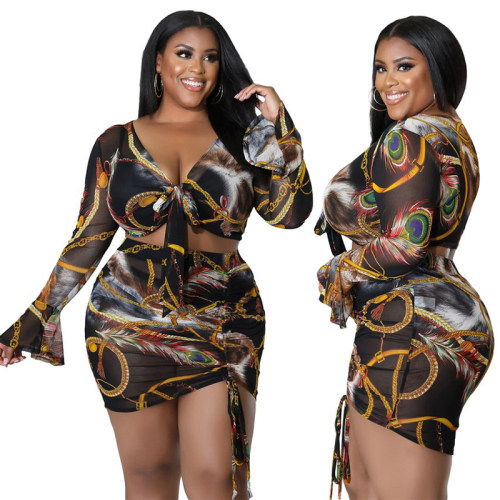 Women Printed Long Sleeved Hip Sexy Drawstring Dress Two Piece Set 8618