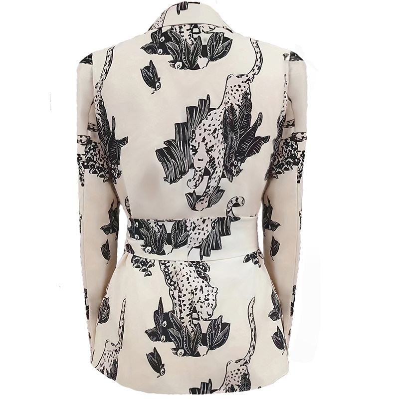 Splash-Ink Flower Print Dress Vintage Tie Waist Suit Jacket Woman Sexy Skirt 5176