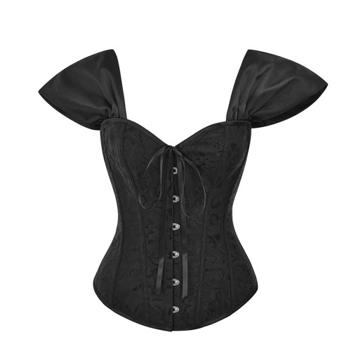 Jacquard Fabric Shoulder Belt Blouse Vintage Steel Buckle Short Sleeve Corset 21685A