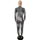 Autumn Long Sleeve Elasticity Skinny Print Vintage Jumpsuit M8486