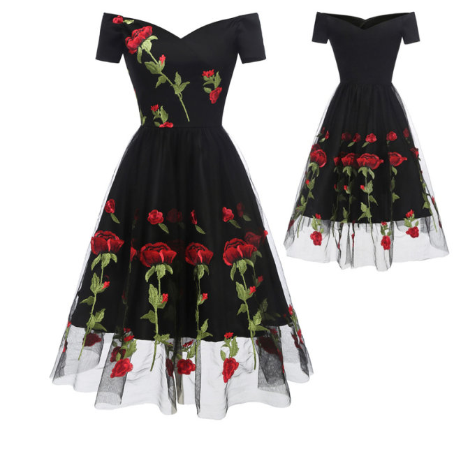 Vintage Black Dress with Red Roses M30411