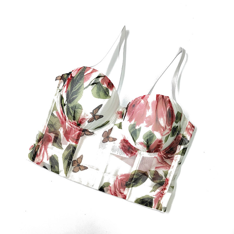 Body Shaping Rose Print Chest Mesh Corset Short Backless Pleated Underwear KN8467