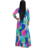 Summer Sexy V Neck Green Palm Leaf Print Holiday Maxi Dress m8408