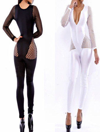 Black And White Holey Long Sleeves Bandage Bodycon Jumpsuit M3801