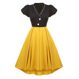 Contrast Color Christmas Formal Dovetail V-neck Puff Sleeves Dress CD1789