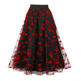 Mesh Double Flocking Floral Skirt With Waist Floral Print Women Full Skirt 5047