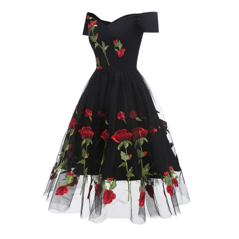 Vintage Black Dress with Red Roses M30411