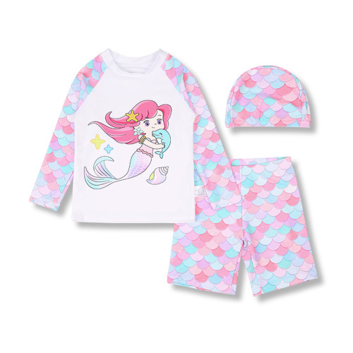 Children's Swimsuit Mermaid Separate Set Long Sleeve Fish Scale Shorts Girls Swimsuit KF207