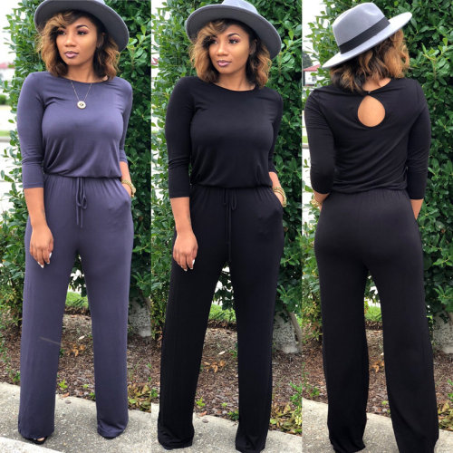 Women fashion soild color long sleeve loose causal jumpsuit m8303