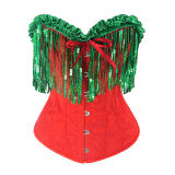 Women Christmas Corset Bustier Top with Sequin Tassels Gothic Party Night Korsett Christmas Costumes