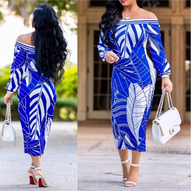 Women Long Sleeve Printed Bodycon Midi Dress m8241