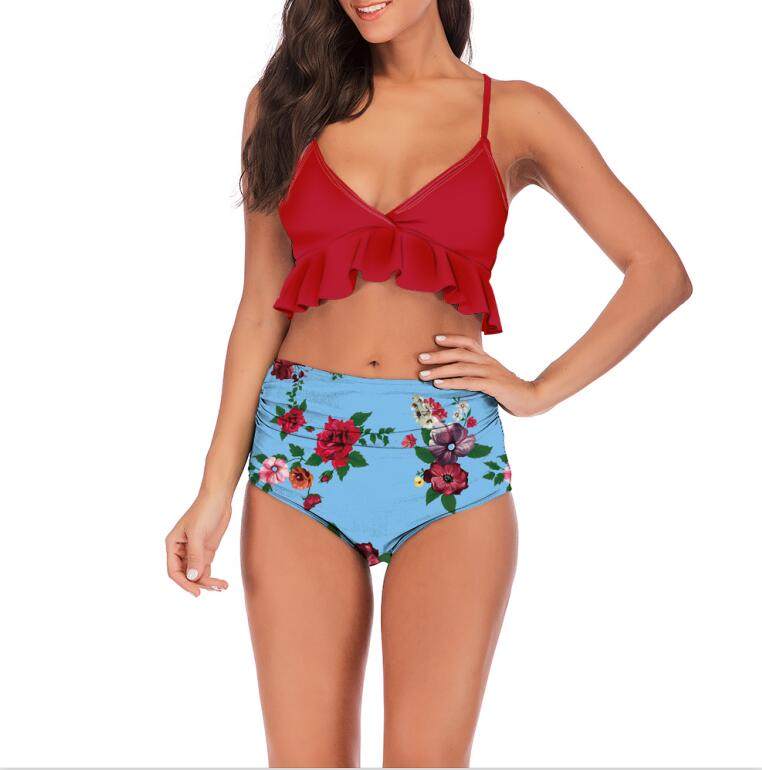 High Waist Sexy Floral Print Ruffles Bikini Set CC73