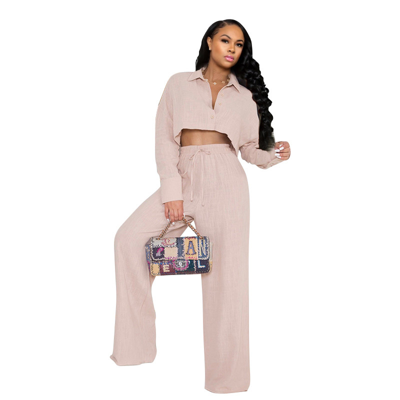 Women's Autumn Simple Solid Color Shirt Wide Leg Straight Pants Casual Suit YM8628