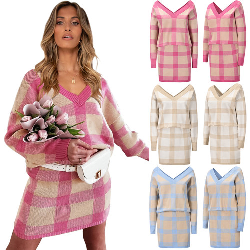 Sexy Sweater Long Sleeve Sweater Knitting Short Two Piece Skirt Set LQ164