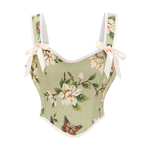 Green Vintage Floral Halter Corset Vest Cropped Tops 22053