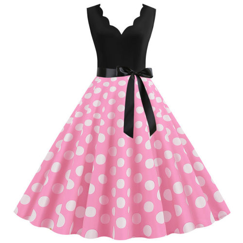 Burnt Polka Print Dot Office Wear Sleeveless V-neck White Dress JY14721