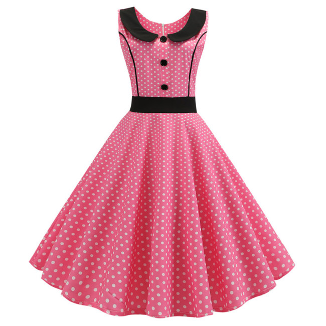 Vintage Doll Collar Polka Dot Fashion Print Midi Dress Ladies JY13904