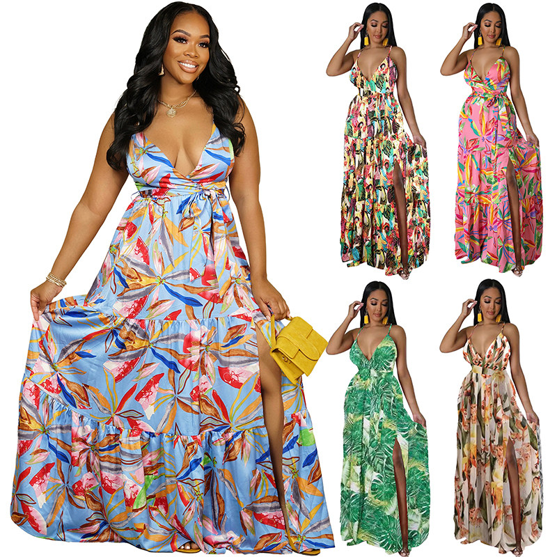 European And American Fashion Women's Print Halter Long Dress 9400